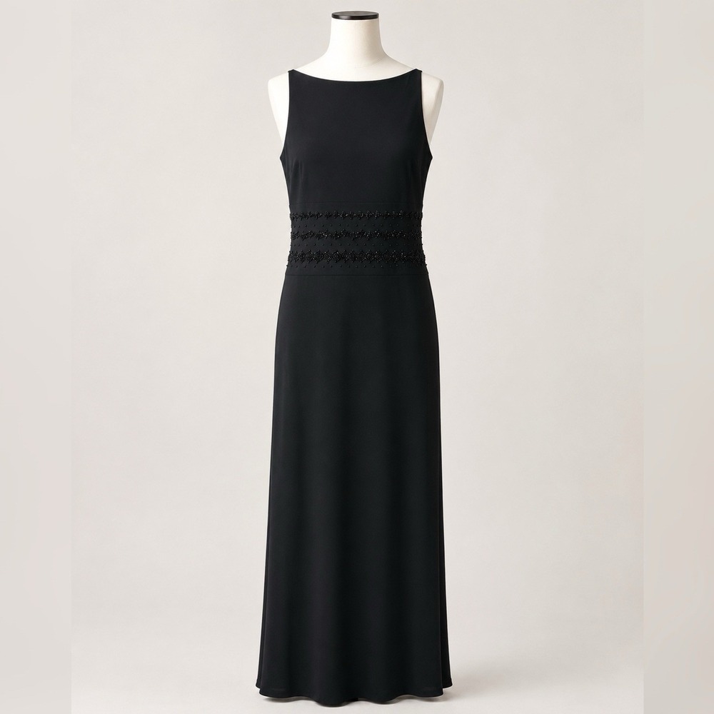 Vintage 90s Black Beaded Maxi Dress L Sleeveless Minimalist Column Evening Gown